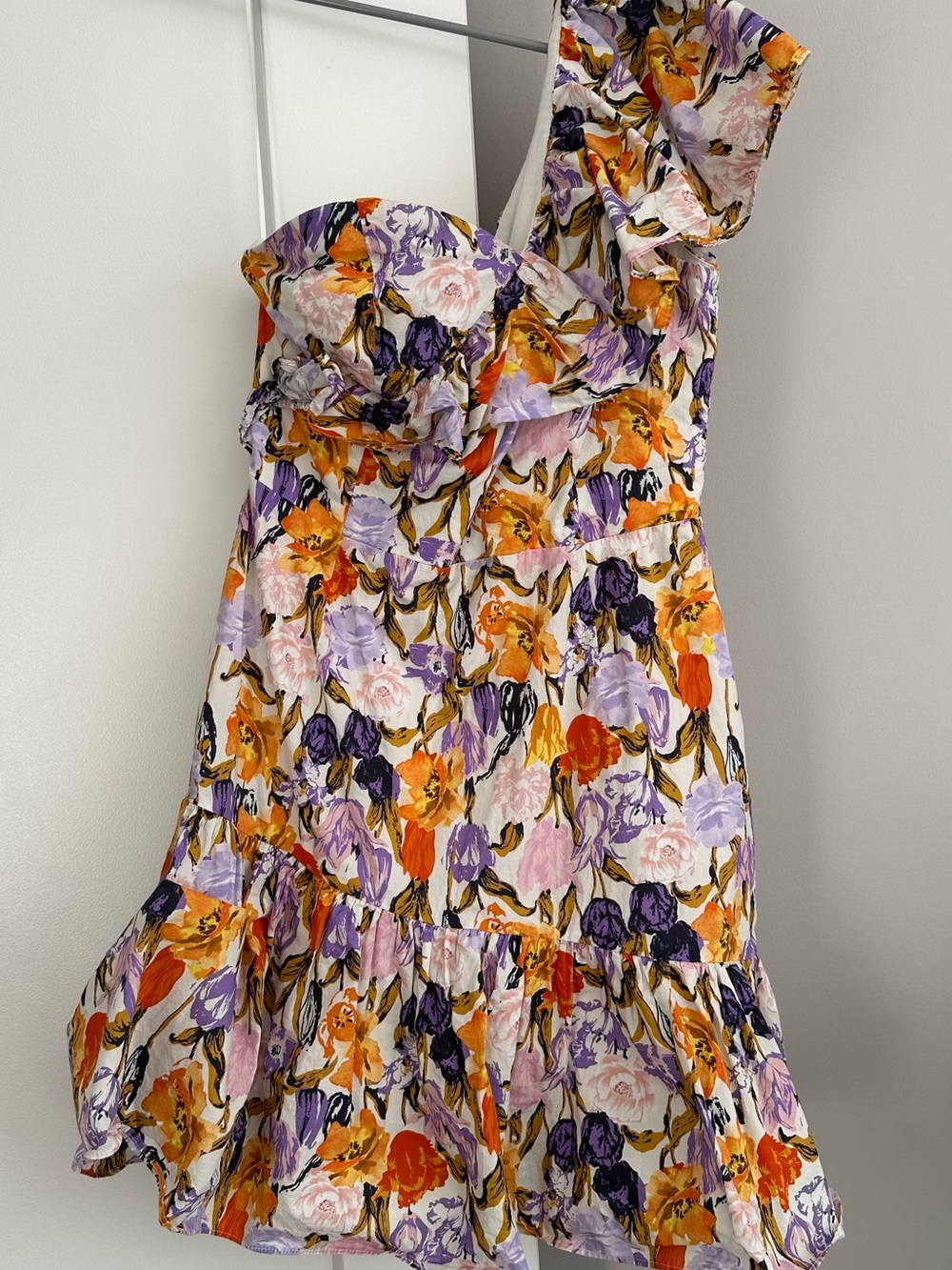 Adelyn Rae One-Shoulder Floral Mini Dress in Orange, Purple & Cream